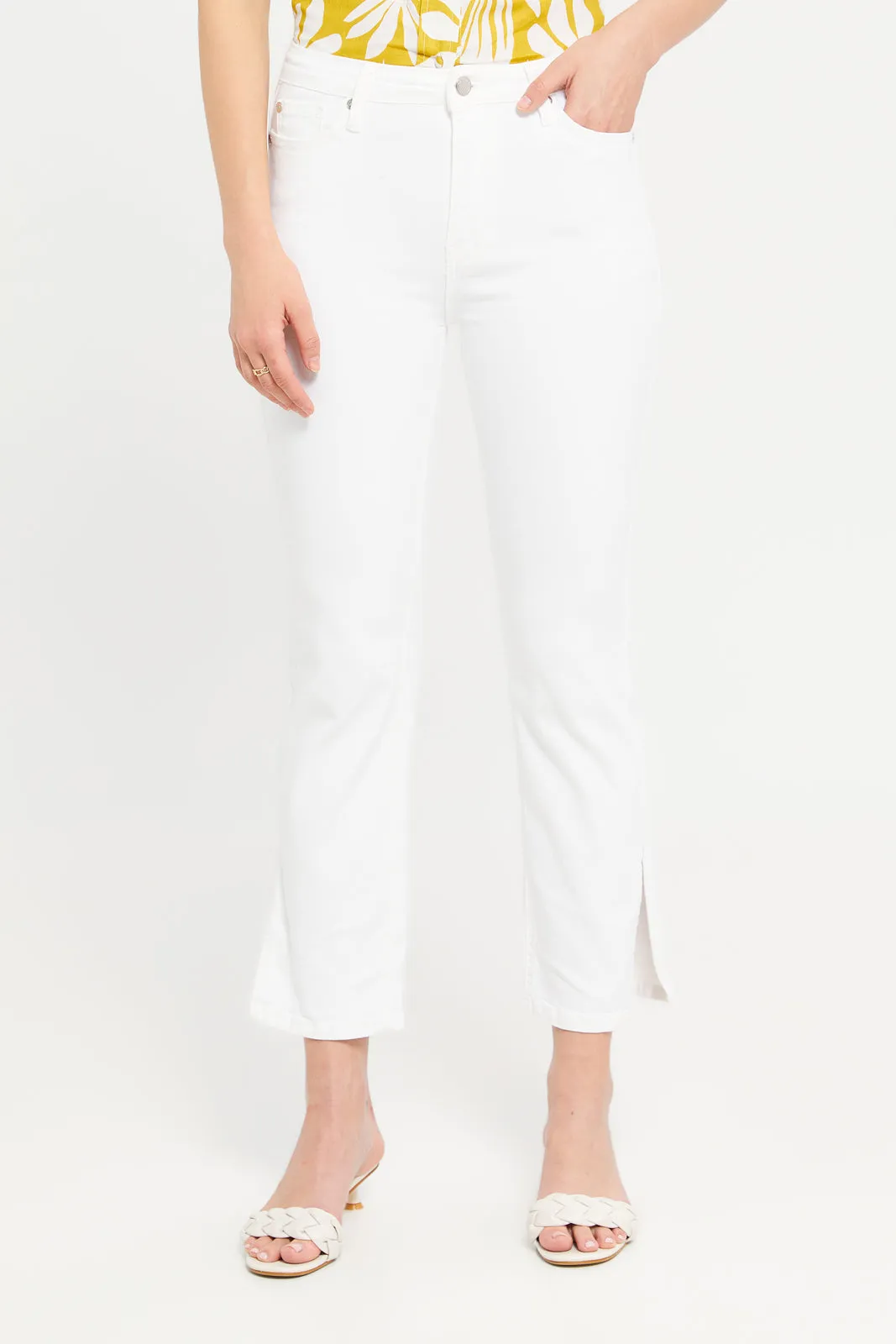 Women White Mid Waist Straight Fit Jeans