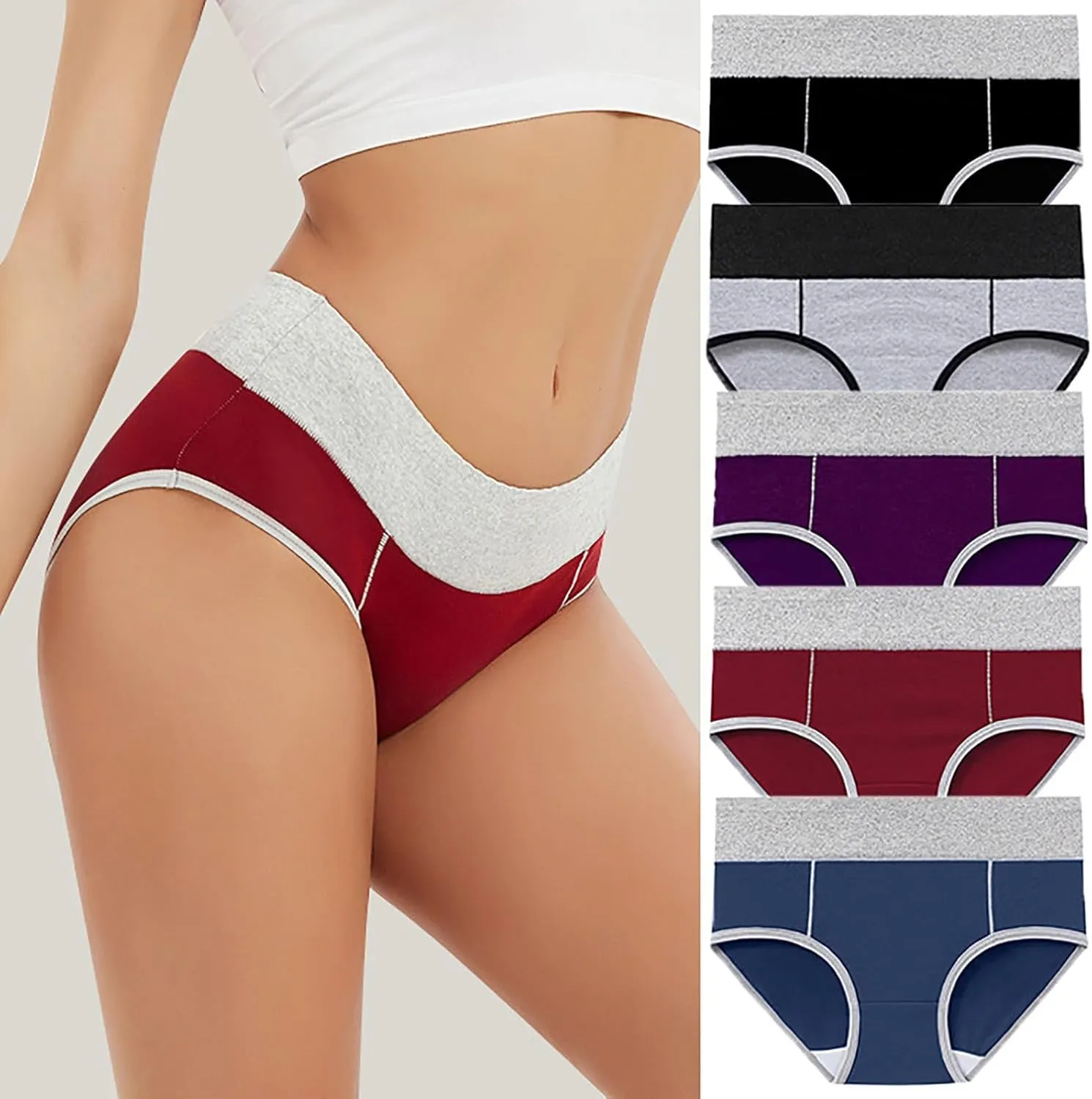 Women's 5 Pieces Briefs High Waist Stretch Underwear Soft Underpants Ladies Full Coverage Panties Solid Lingerie