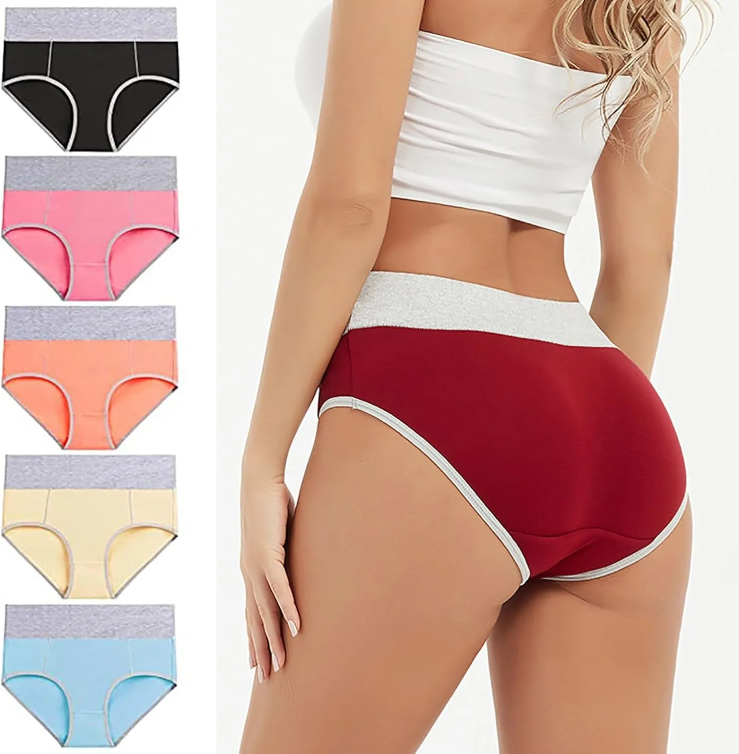 Women's 5 Pieces Briefs High Waist Stretch Underwear Soft Underpants Ladies Full Coverage Panties Solid Lingerie