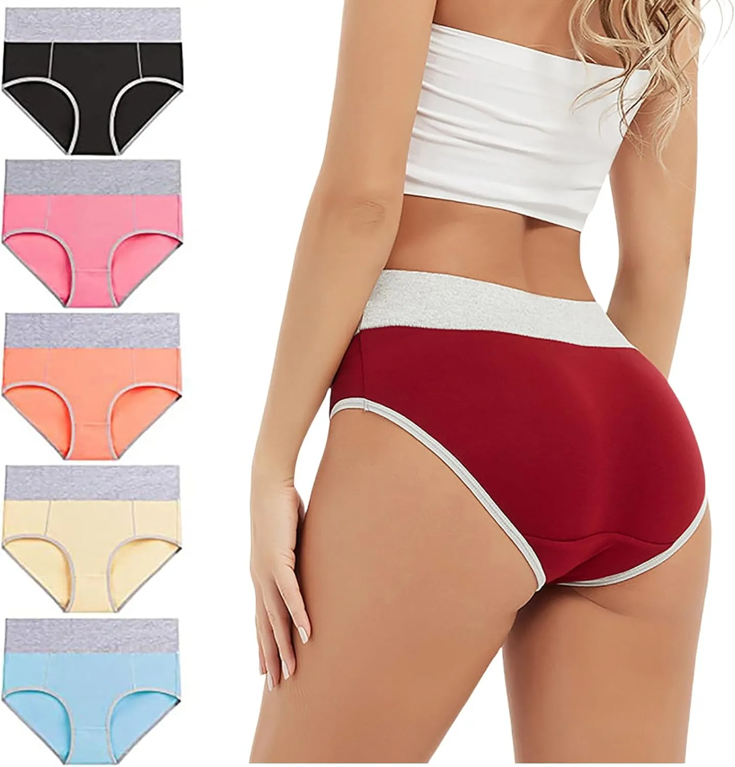 Women's 5 Pieces Briefs High Waist Stretch Underwear Soft Underpants Ladies Full Coverage Panties Solid Lingerie