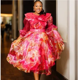 Women's A-line Dress - Women's Patchwork A Line O Neck Long Sleeve Organza High Waist Dress