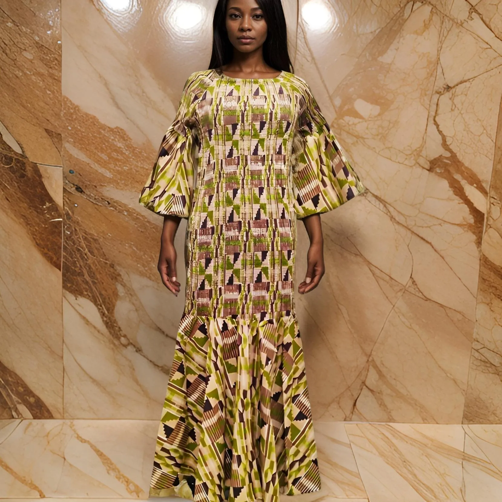 Women's African Kente Print Smock Mermaid Maxi Dress