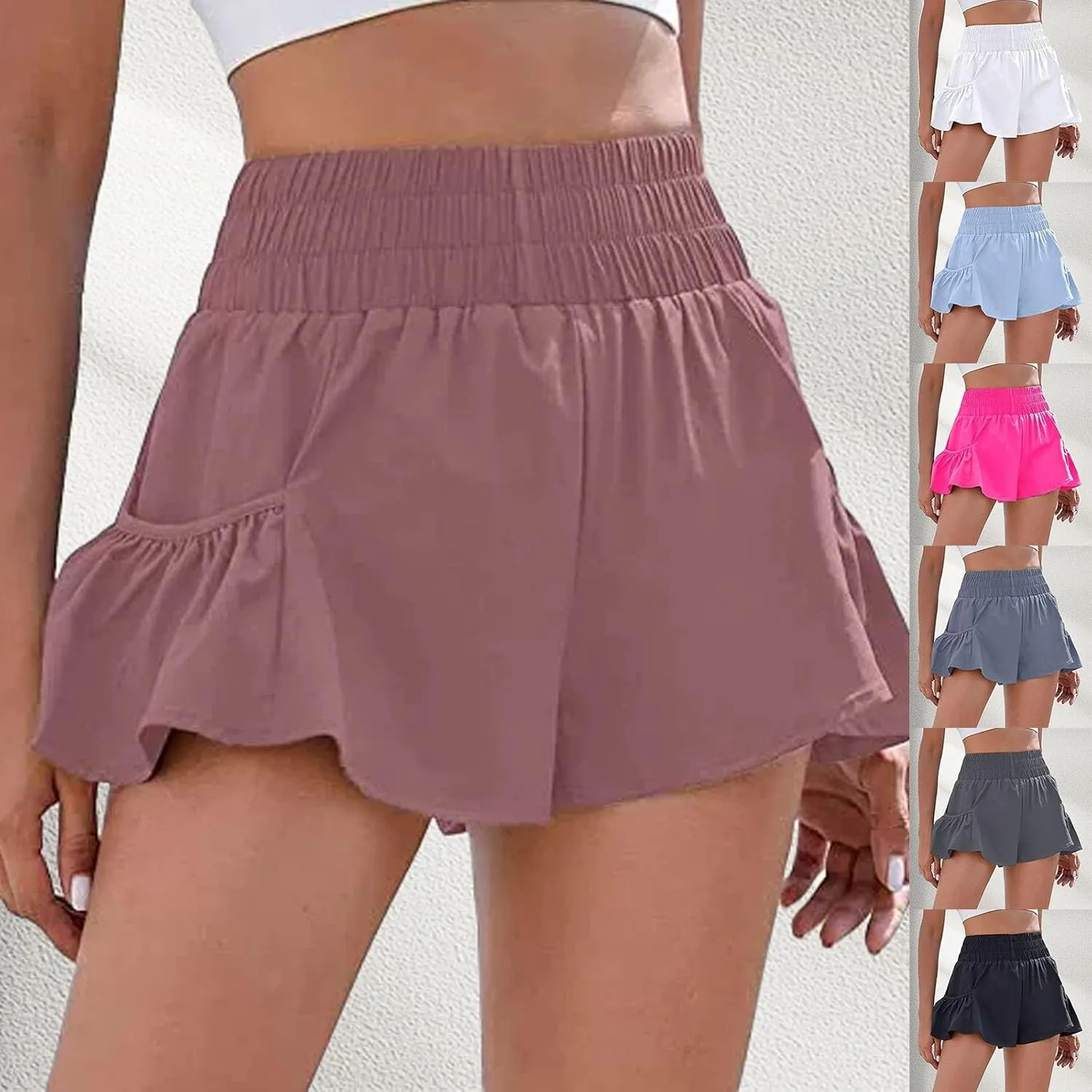 Womens Athletic Shorts, High Waisted Ruffle Flowy Shorts for Women Quick Dry Workout Running Shorts with Pockets