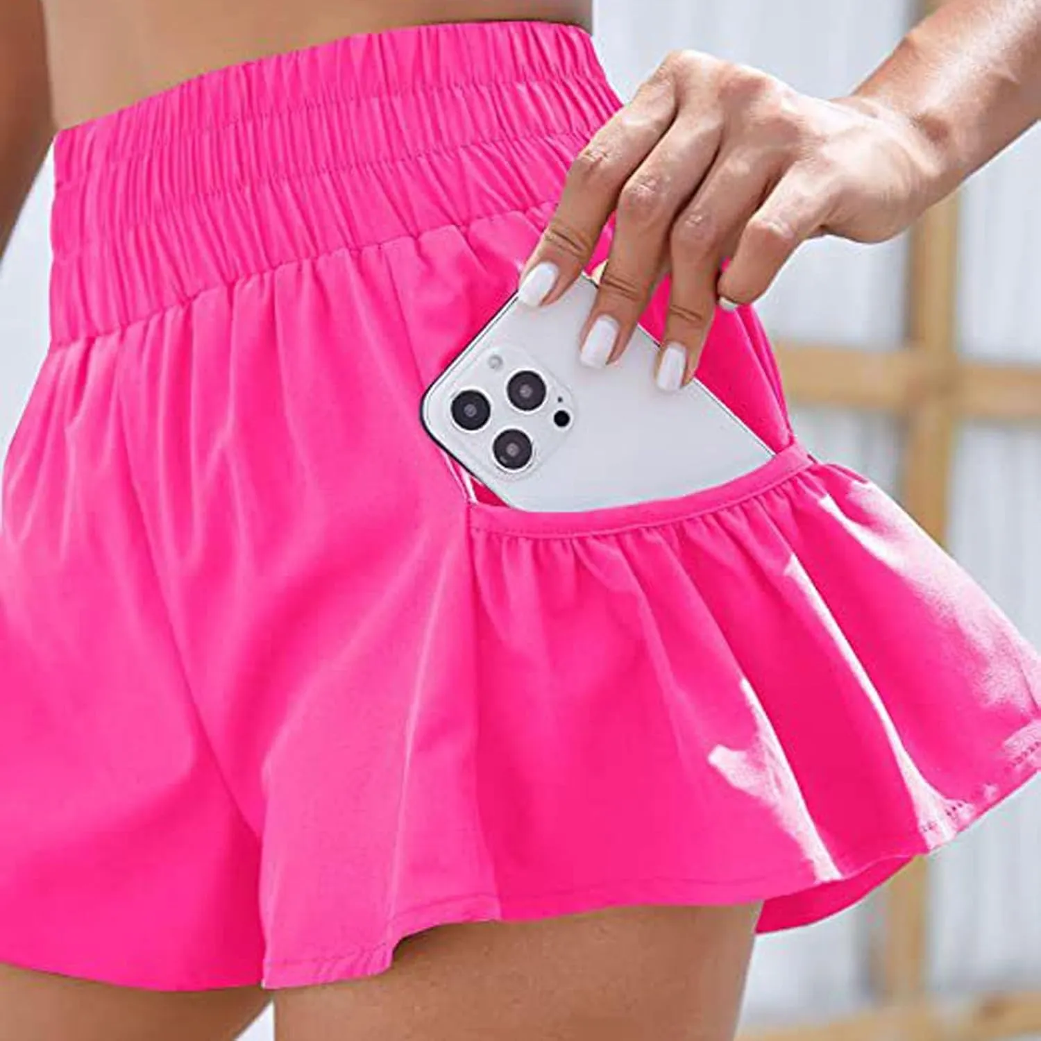 Womens Athletic Shorts, High Waisted Ruffle Flowy Shorts for Women Quick Dry Workout Running Shorts with Pockets