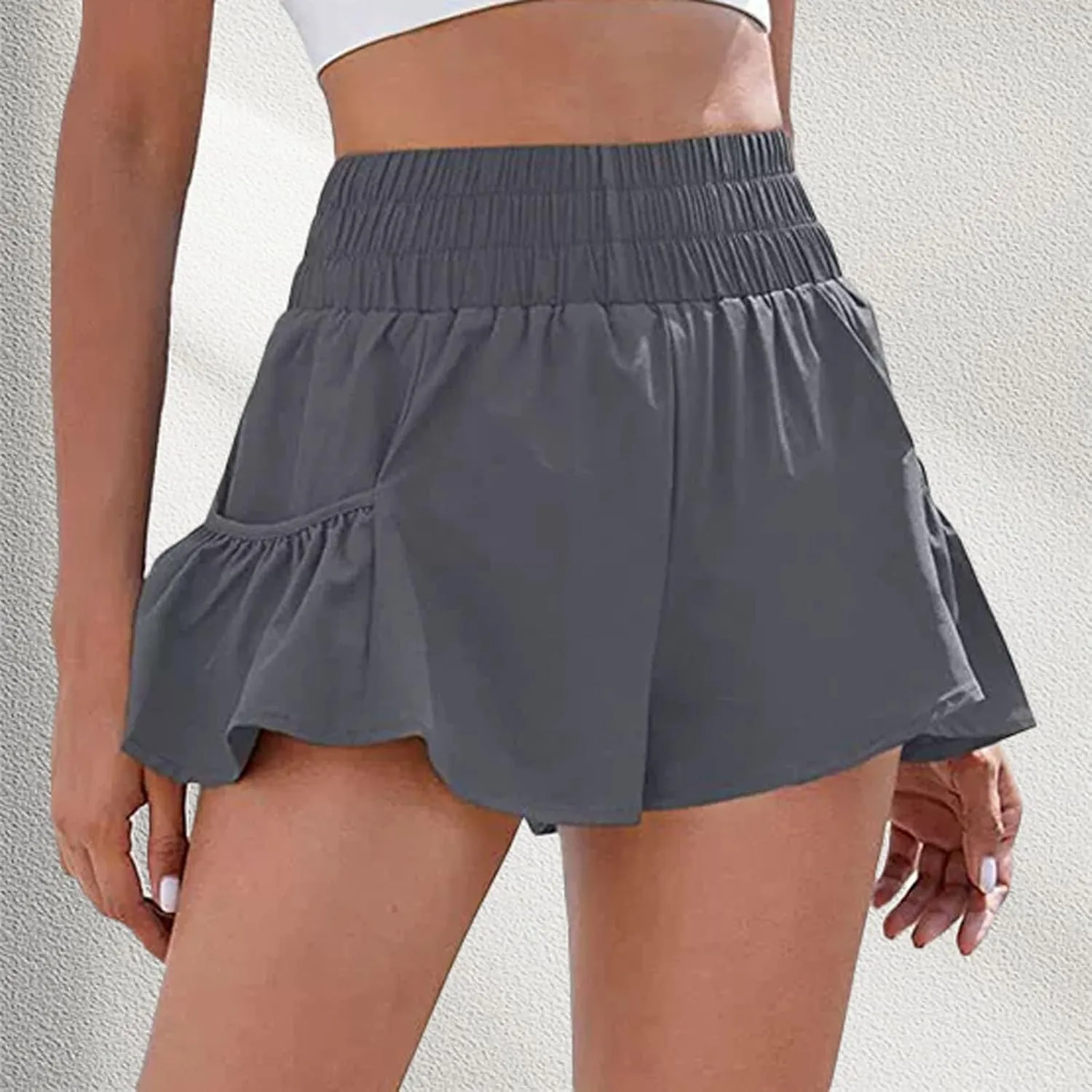 Womens Athletic Shorts, High Waisted Ruffle Flowy Shorts for Women Quick Dry Workout Running Shorts with Pockets