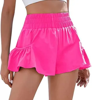 Womens Athletic Shorts, High Waisted Ruffle Flowy Shorts for Women Quick Dry Workout Running Shorts with Pockets