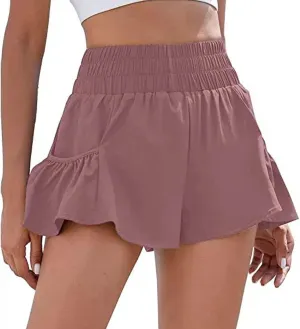 Womens Athletic Shorts, High Waisted Ruffle Flowy Shorts for Women Quick Dry Workout Running Shorts with Pockets