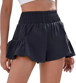 Womens Athletic Shorts, High Waisted Ruffle Flowy Shorts for Women Quick Dry Workout Running Shorts with Pockets