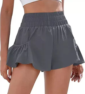 Womens Athletic Shorts, High Waisted Ruffle Flowy Shorts for Women Quick Dry Workout Running Shorts with Pockets