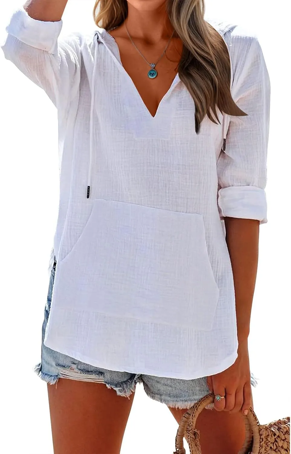 Women's Beach Cover Up Long Sleeve V Neck Linen Tops Pocketed Hooded Shirt Lightweight Summer Blouse Hoodies Sweatshirt