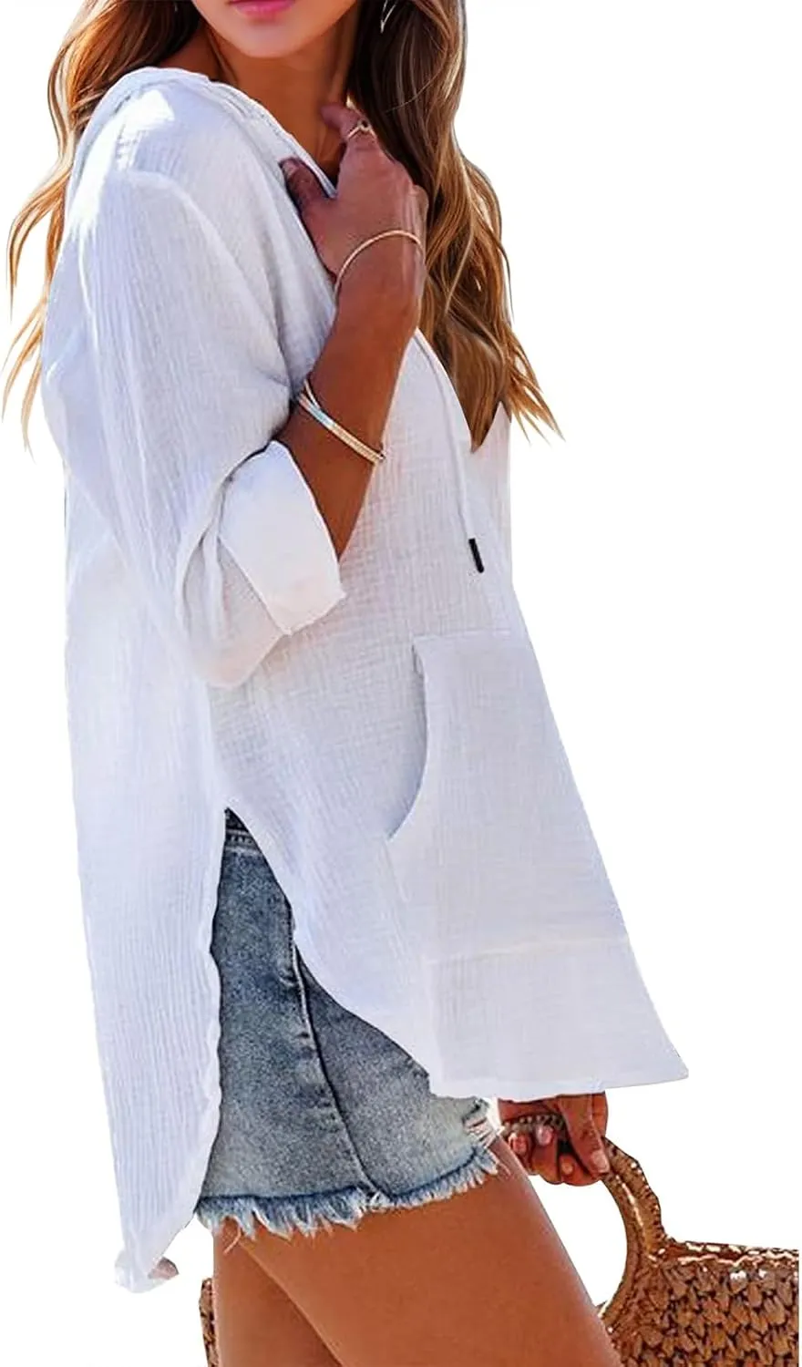 Women's Beach Cover Up Long Sleeve V Neck Linen Tops Pocketed Hooded Shirt Lightweight Summer Blouse Hoodies Sweatshirt