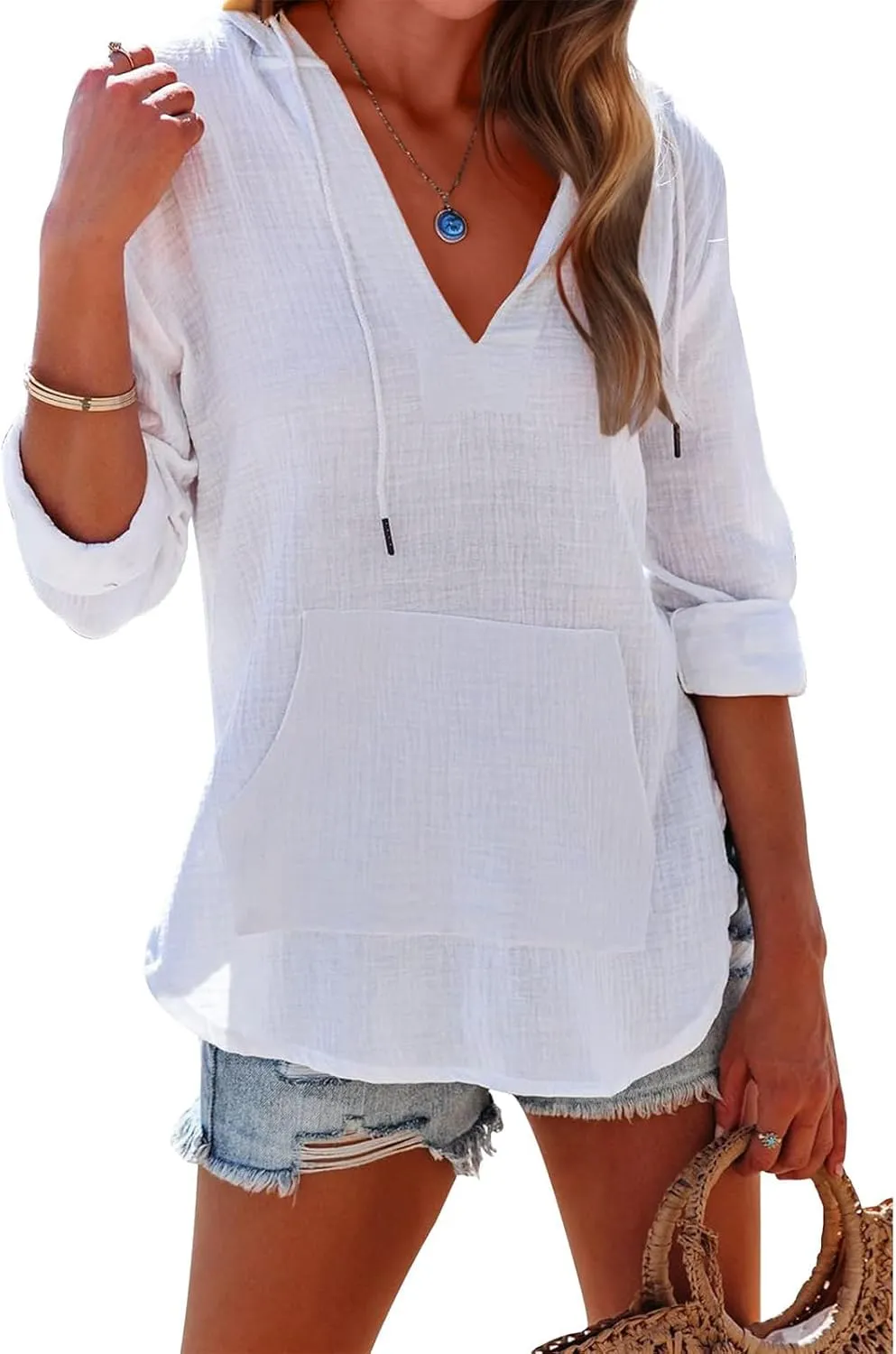 Women's Beach Cover Up Long Sleeve V Neck Linen Tops Pocketed Hooded Shirt Lightweight Summer Blouse Hoodies Sweatshirt