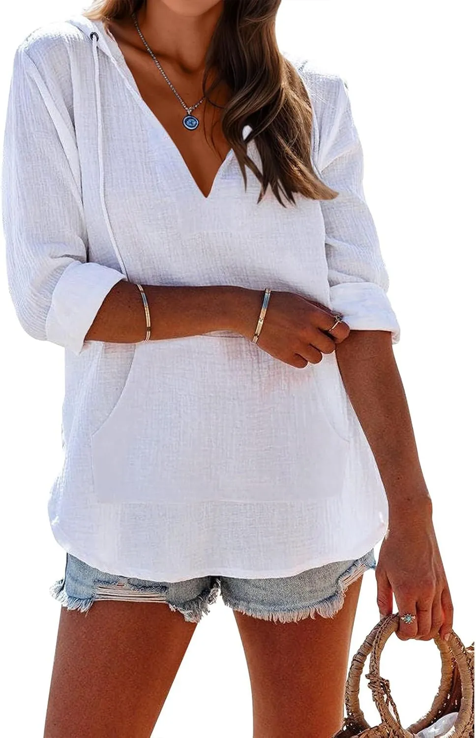 Women's Beach Cover Up Long Sleeve V Neck Linen Tops Pocketed Hooded Shirt Lightweight Summer Blouse Hoodies Sweatshirt