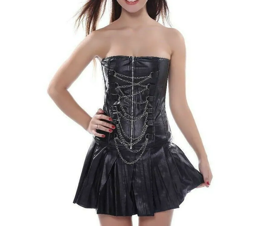 Women's Black leather steampunk waist cincher bustier corset gothic mini skirt
