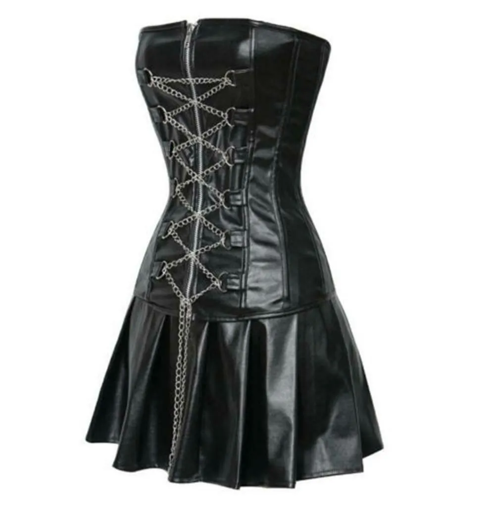 Women's Black leather steampunk waist cincher bustier corset gothic mini skirt