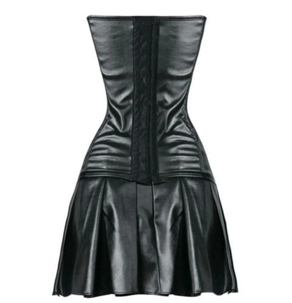 Women's Black leather steampunk waist cincher bustier corset gothic mini skirt