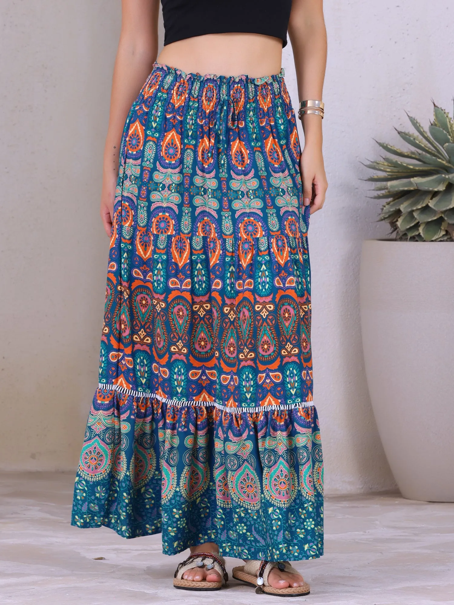 Women's Boho Floral Maxi Skirts Smocked High Waist A-Line Long Skirt