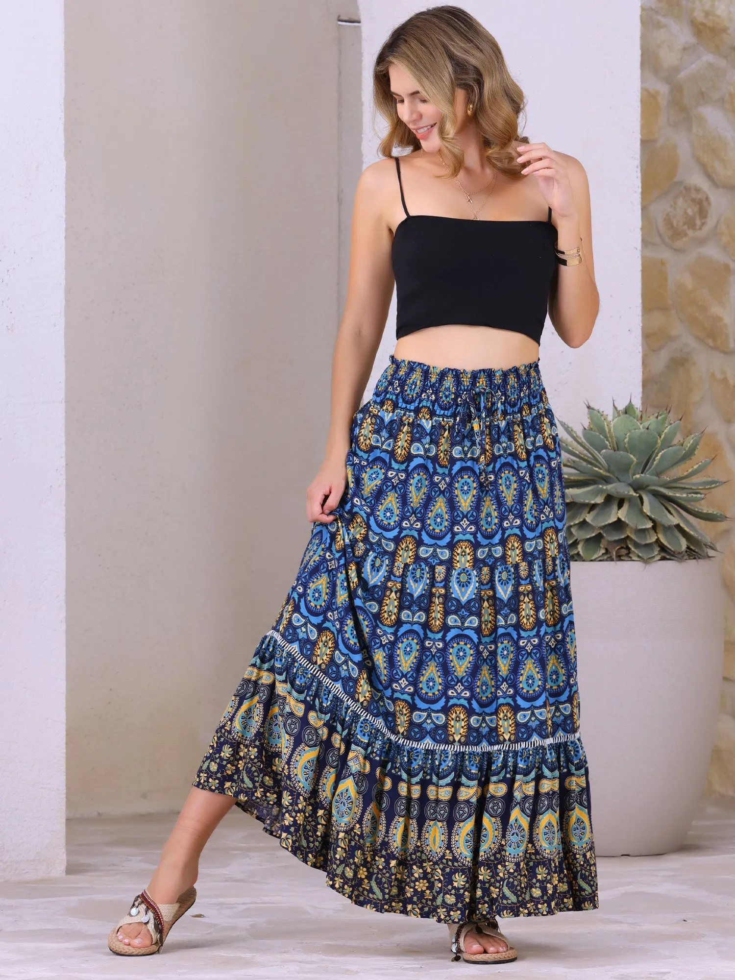 Women's Boho Floral Maxi Skirts Smocked High Waist A-Line Long Skirt