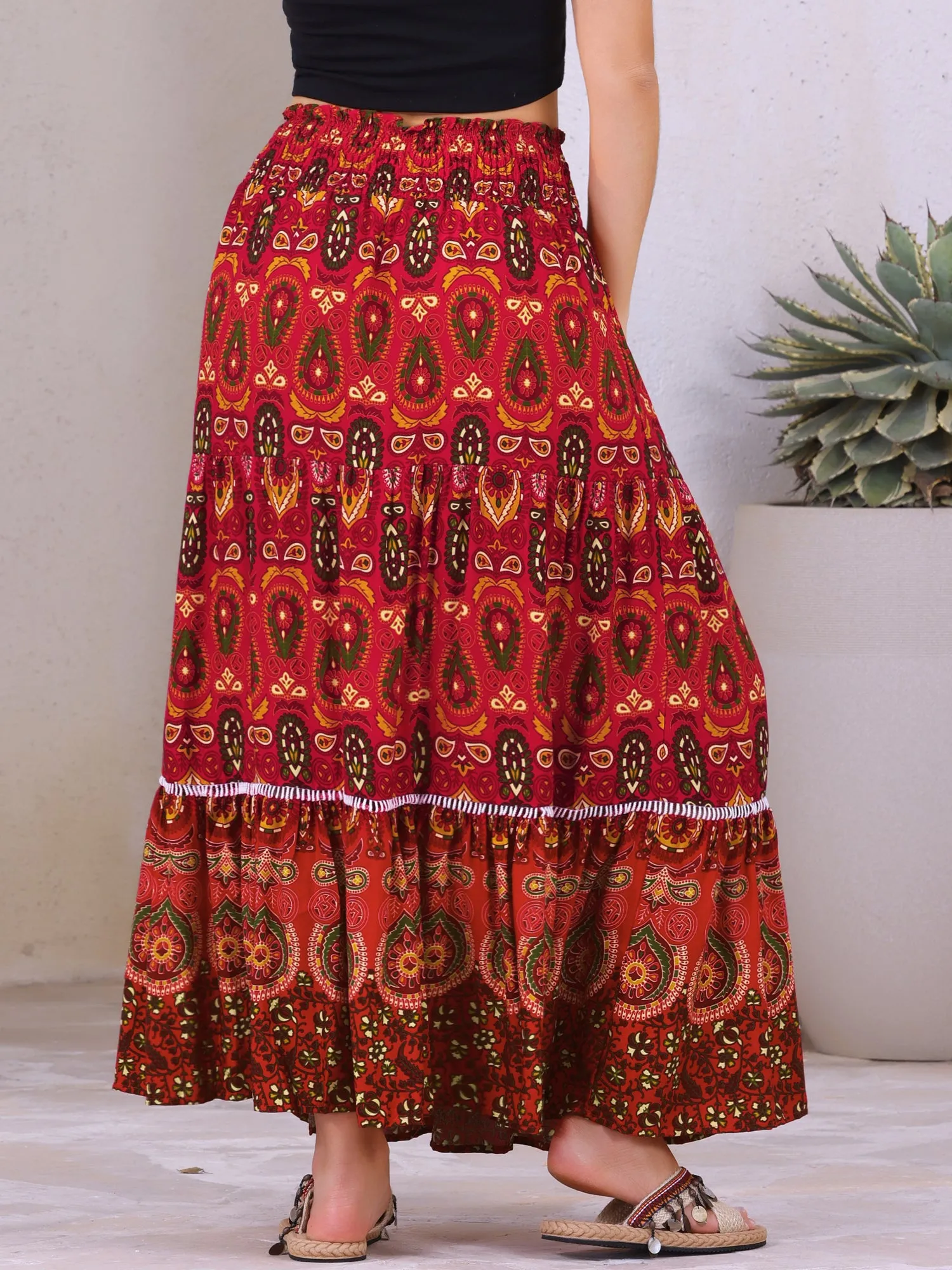 Women's Boho Floral Maxi Skirts Smocked High Waist A-Line Long Skirt