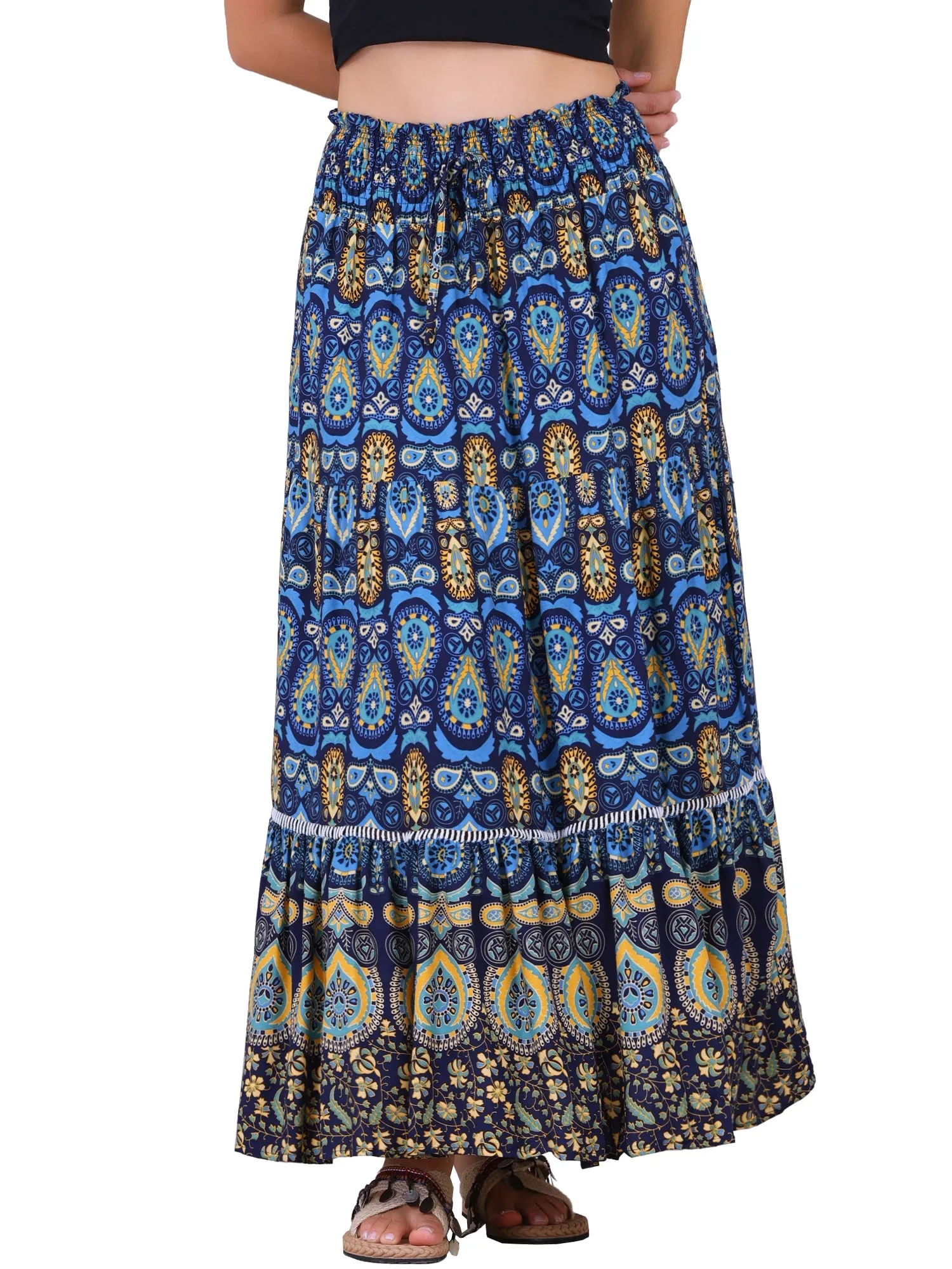 Women's Boho Floral Maxi Skirts Smocked High Waist A-Line Long Skirt