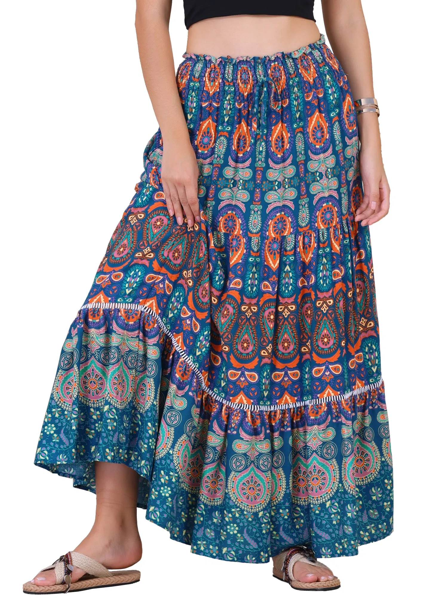 Women's Boho Floral Maxi Skirts Smocked High Waist A-Line Long Skirt