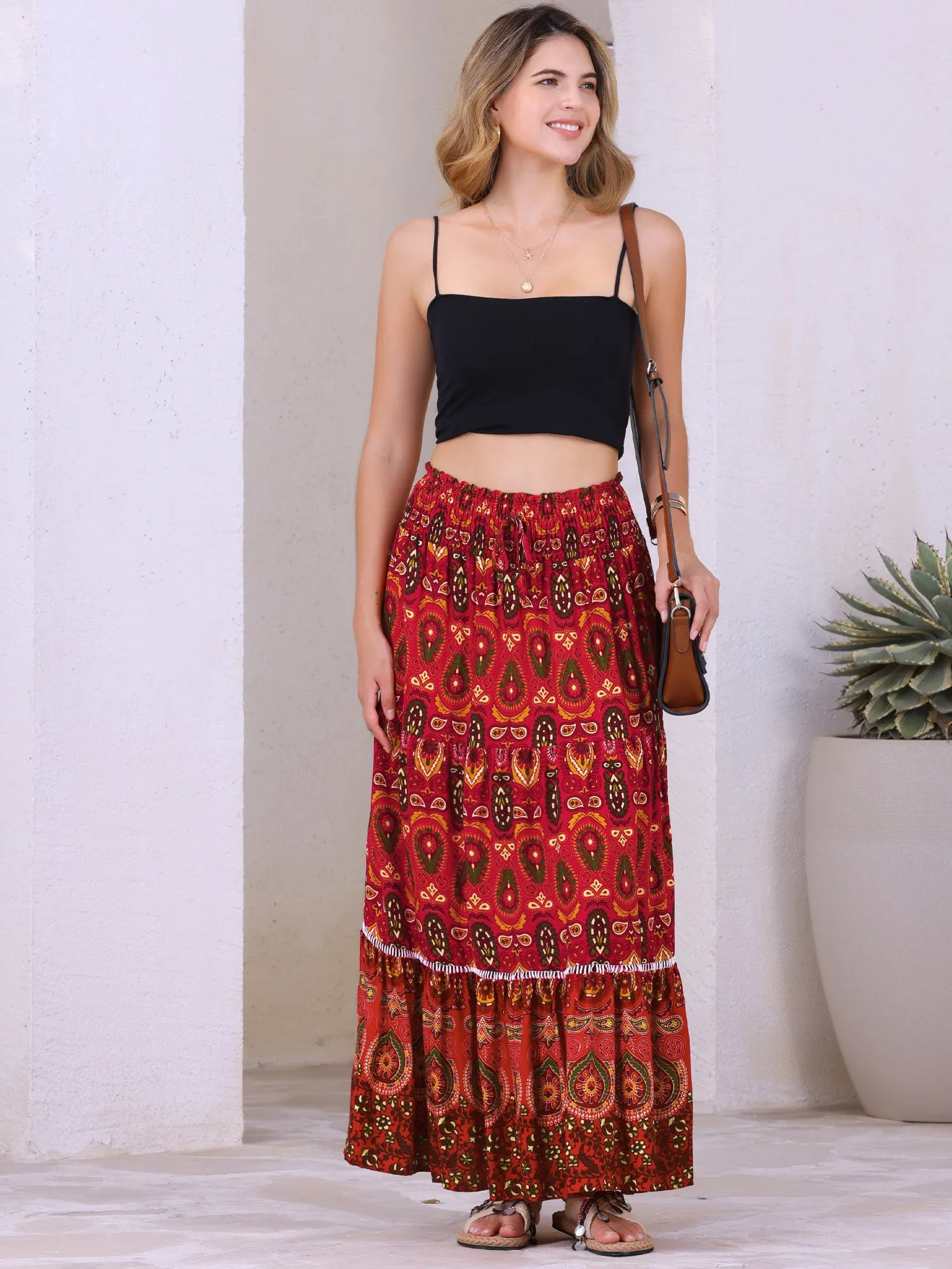Women's Boho Floral Maxi Skirts Smocked High Waist A-Line Long Skirt