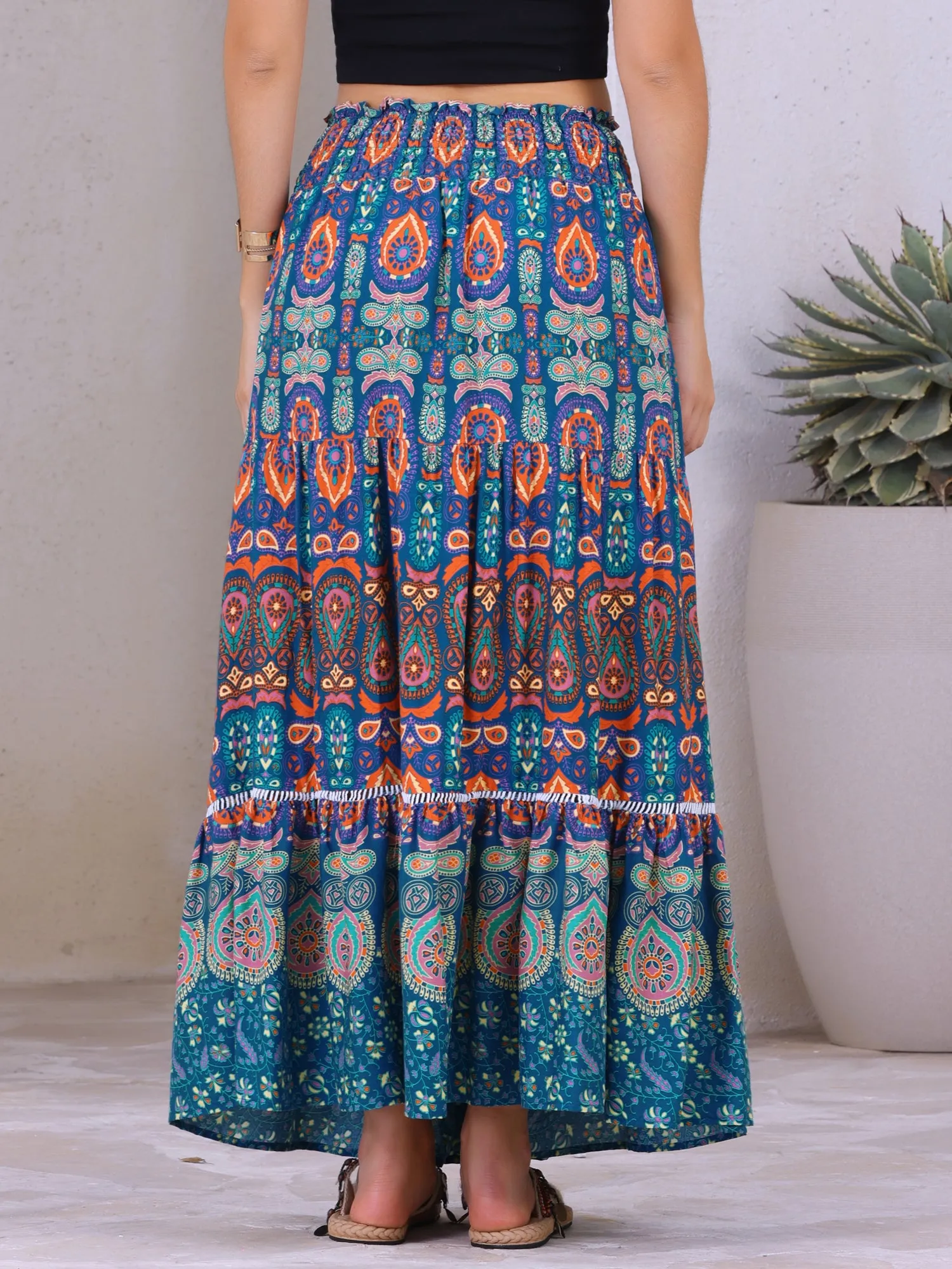 Women's Boho Floral Maxi Skirts Smocked High Waist A-Line Long Skirt