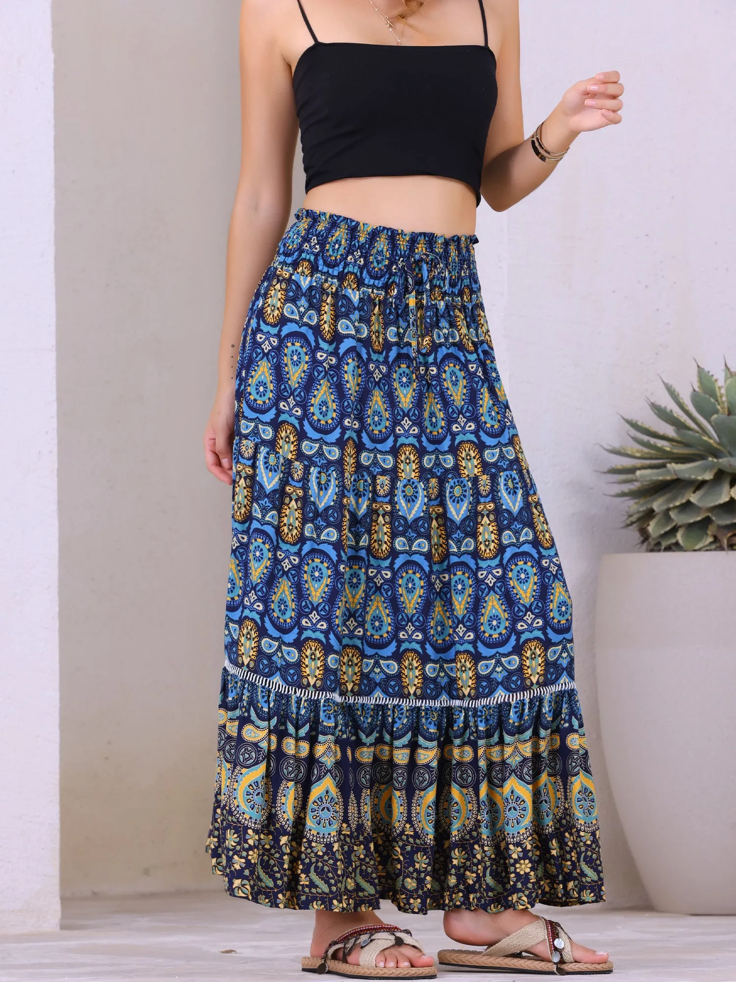 Women's Boho Floral Maxi Skirts Smocked High Waist A-Line Long Skirt