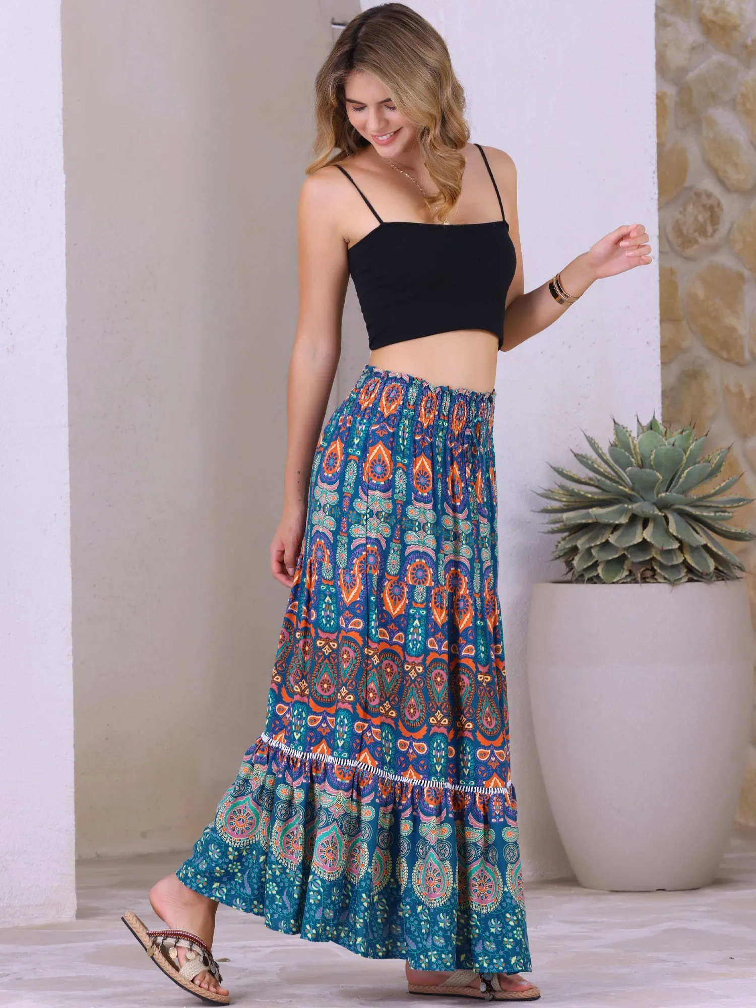 Women's Boho Floral Maxi Skirts Smocked High Waist A-Line Long Skirt