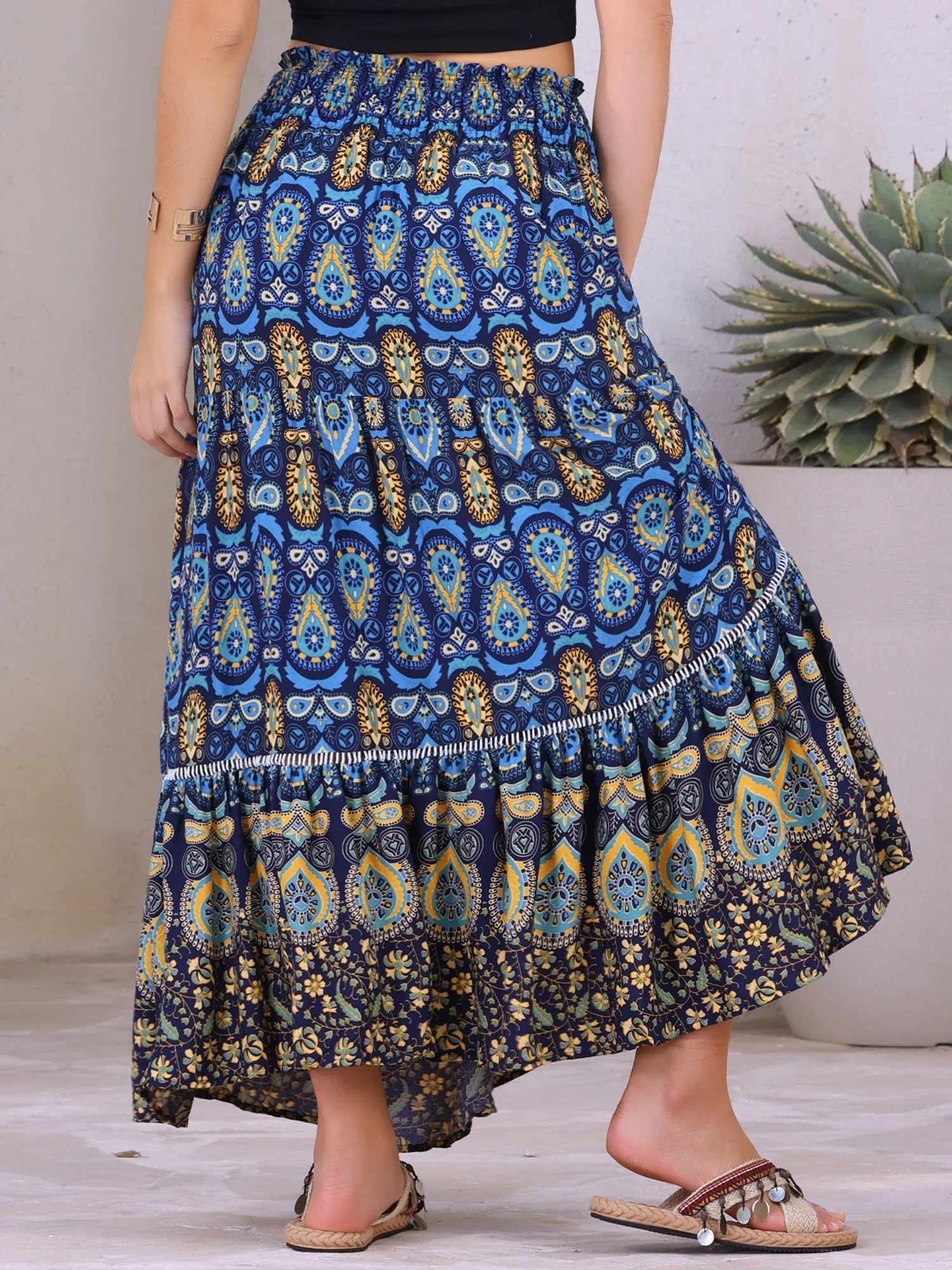 Women's Boho Floral Maxi Skirts Smocked High Waist A-Line Long Skirt