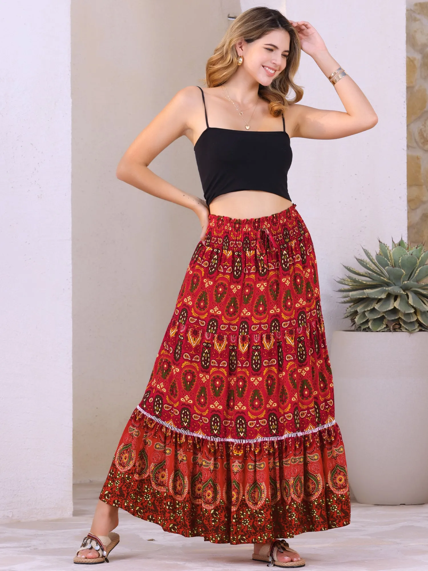 Women's Boho Floral Maxi Skirts Smocked High Waist A-Line Long Skirt