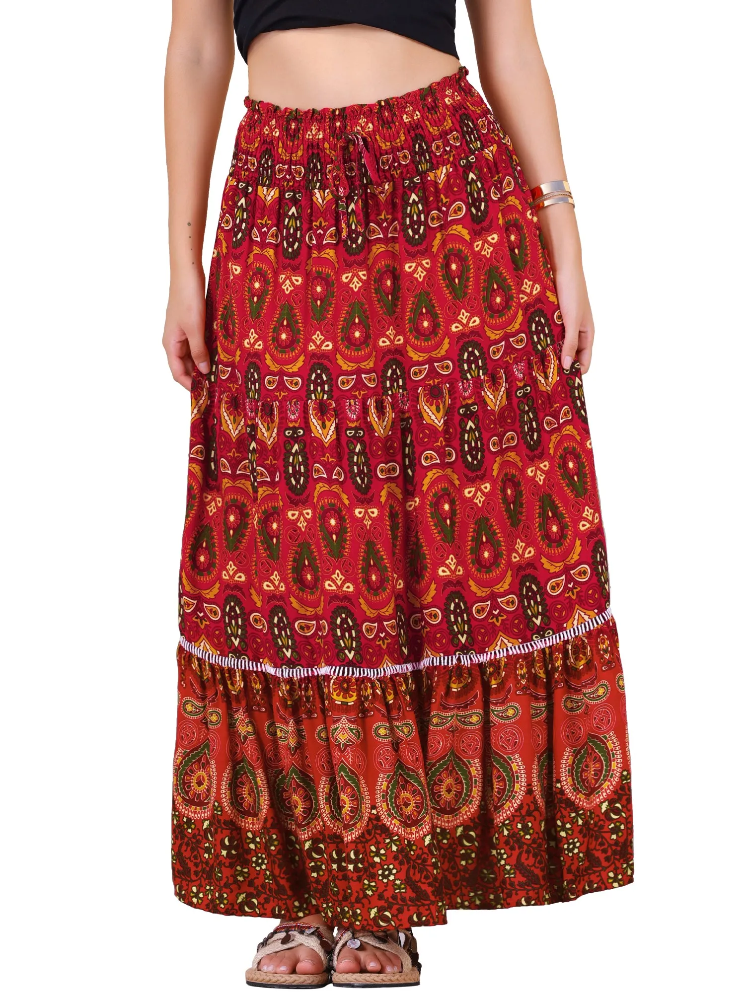 Women's Boho Floral Maxi Skirts Smocked High Waist A-Line Long Skirt