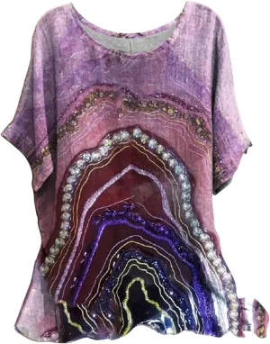 Women's Boho Floral Print Short Sleeve Linen Shirts Loose Fit Crewneck Tie Dye Summer Blouses Soft Breathable T-Shirt