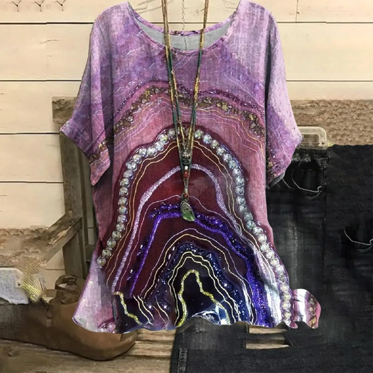 Women's Boho Floral Print Short Sleeve Linen Shirts Loose Fit Crewneck Tie Dye Summer Blouses Soft Breathable T-Shirt