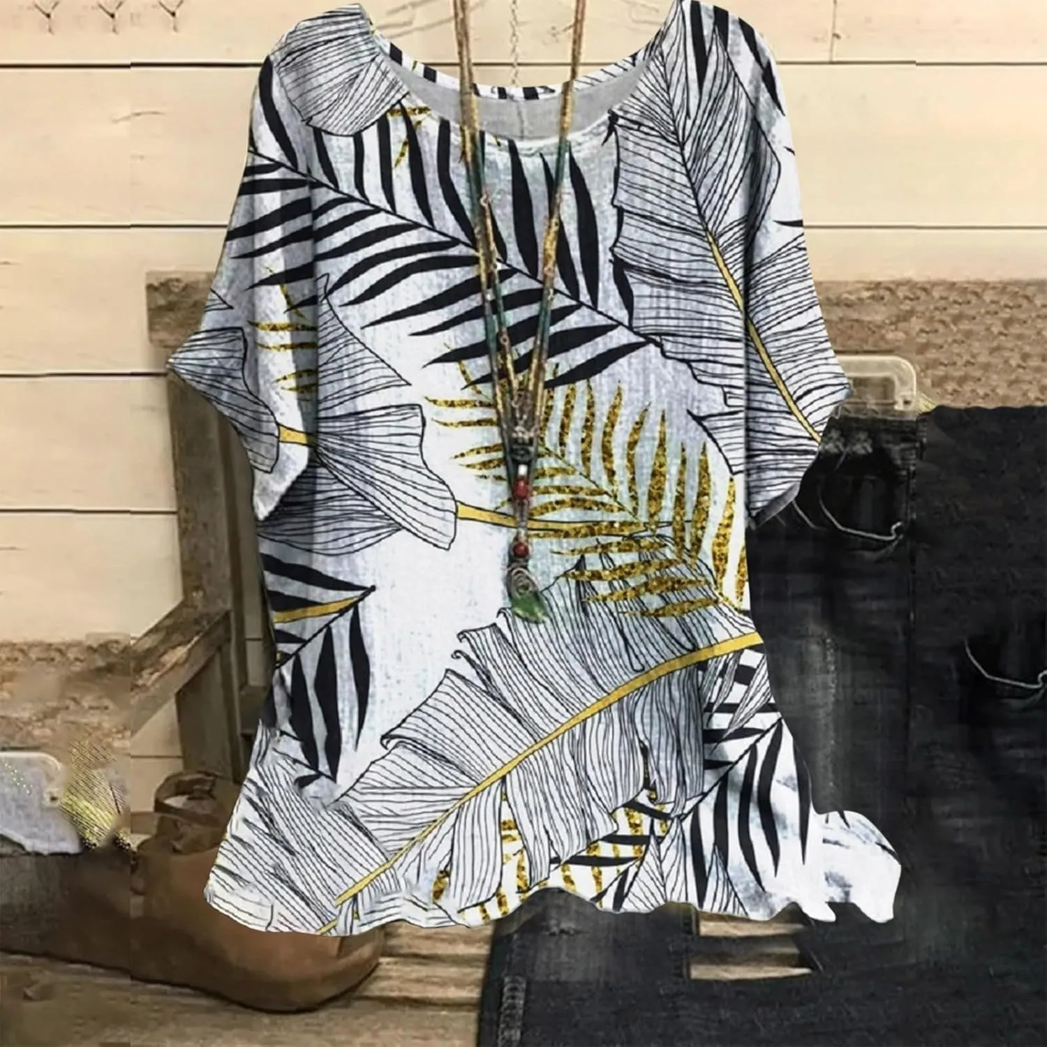 Women's Boho Floral Print Short Sleeve Linen Shirts Loose Fit Crewneck Tie Dye Summer Blouses Soft Breathable T-Shirt