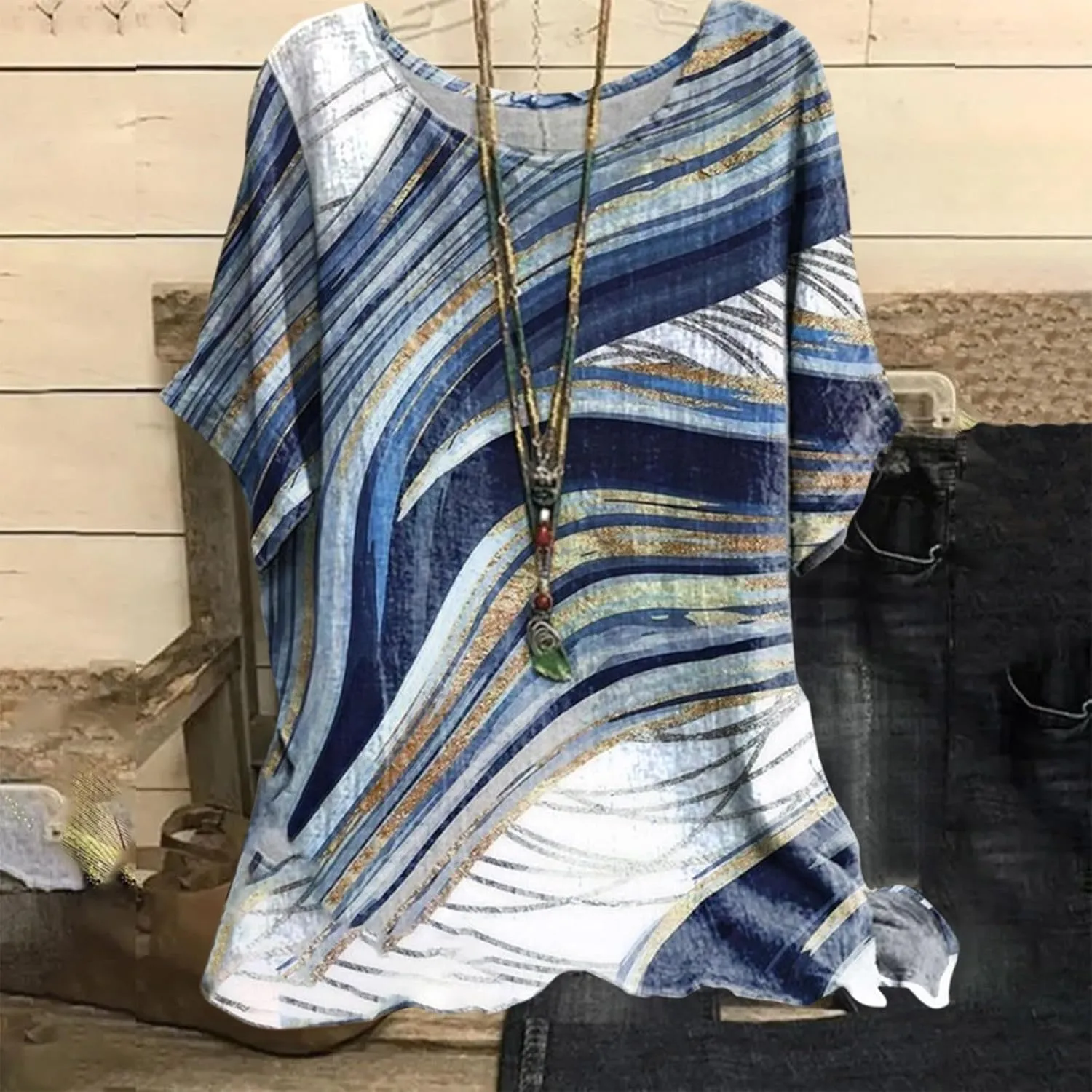Women's Boho Floral Print Short Sleeve Linen Shirts Loose Fit Crewneck Tie Dye Summer Blouses Soft Breathable T-Shirt