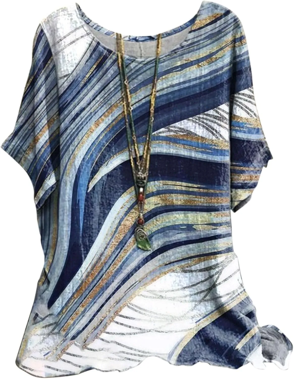 Women's Boho Floral Print Short Sleeve Linen Shirts Loose Fit Crewneck Tie Dye Summer Blouses Soft Breathable T-Shirt