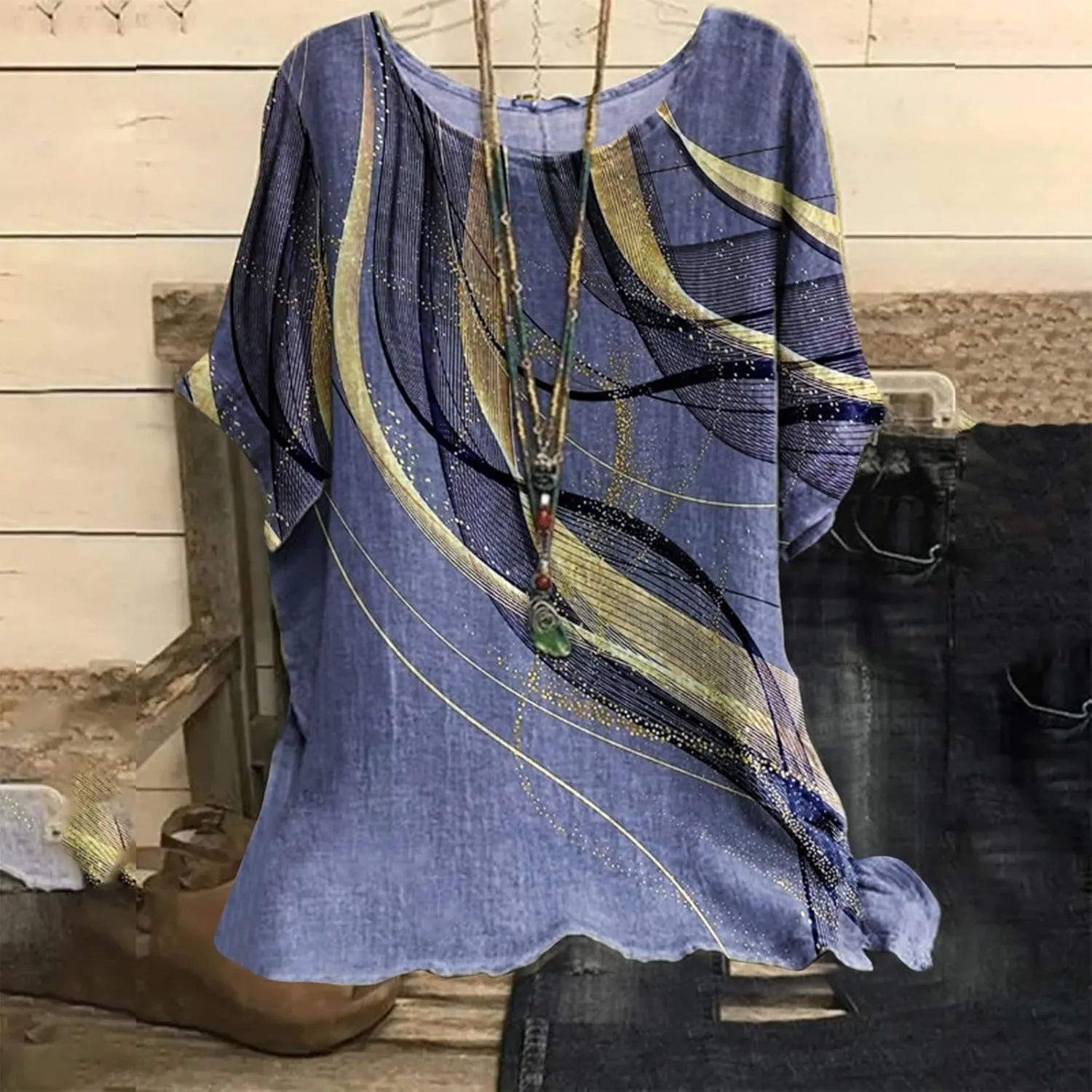 Women's Boho Floral Print Short Sleeve Linen Shirts Loose Fit Crewneck Tie Dye Summer Blouses Soft Breathable T-Shirt