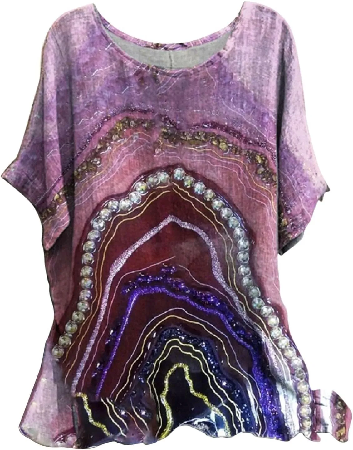 Women's Boho Floral Print Short Sleeve Linen Shirts Loose Fit Crewneck Tie Dye Summer Blouses Soft Breathable T-Shirt