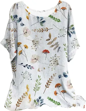 Women's Boho Floral Print Short Sleeve Linen Shirts Loose Fit Crewneck Tie Dye Summer Blouses Soft Breathable T-Shirt