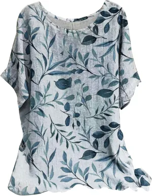 Women's Boho Floral Print Short Sleeve Linen Shirts Loose Fit Crewneck Tie Dye Summer Blouses Soft Breathable T-Shirt