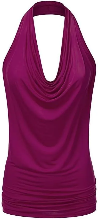 Women's Casual Deep V Halter Neck Draped Front Sexy Open Back Tank Top Ruched Slim Fit Sleeveless Vest Top Camisole