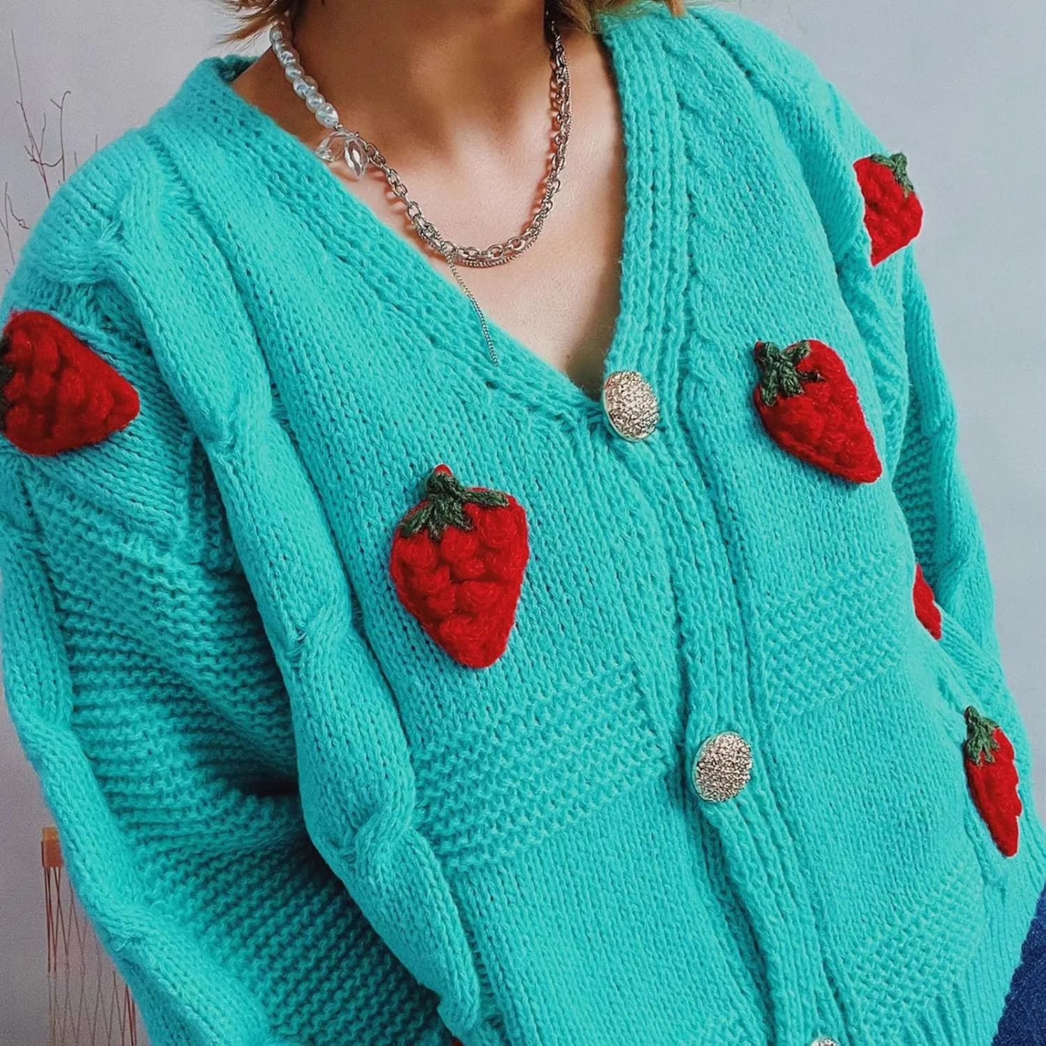 Women's Casual Strawberry Embroidery Knitting Sweater Coat Trendy Soft Comfortable Thick Long Sleeve V Neck Button Cardigans