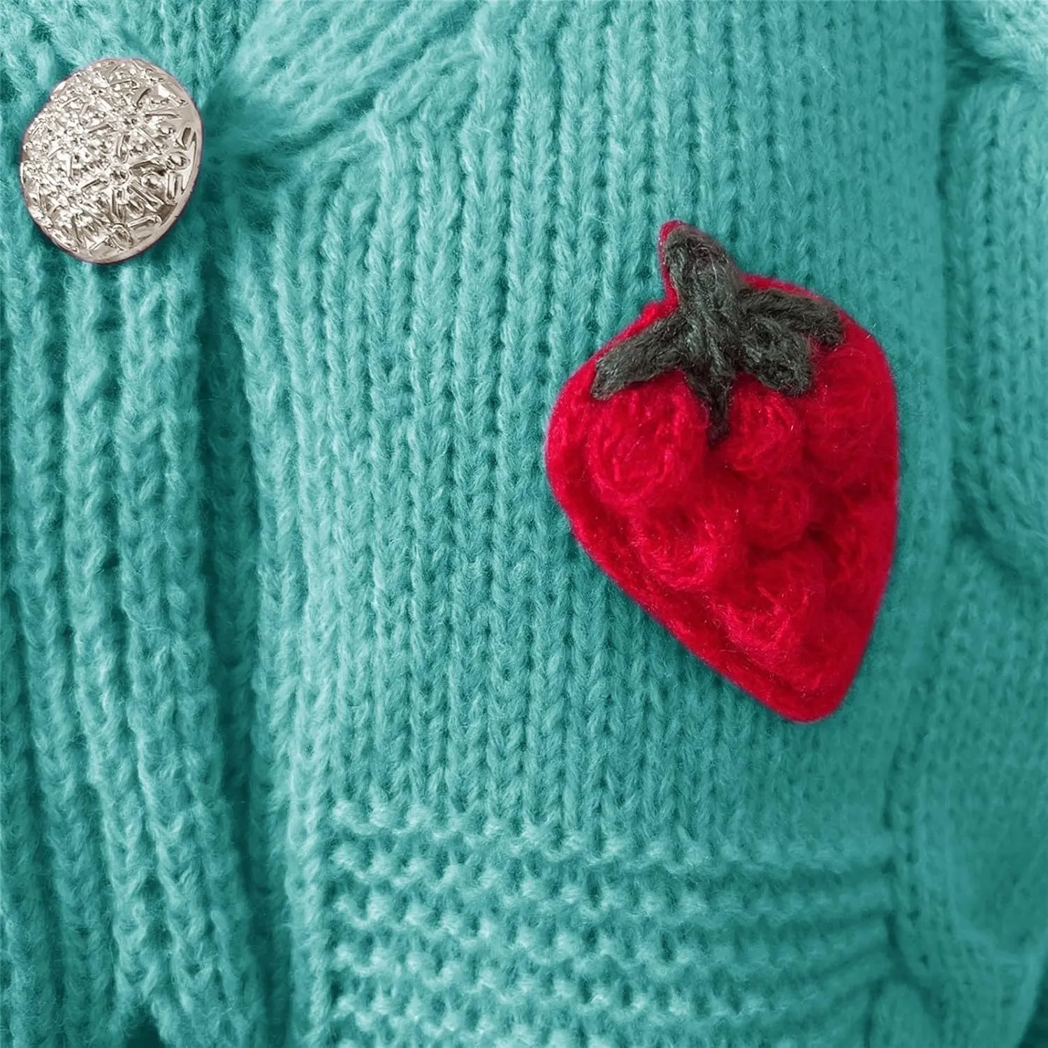 Women's Casual Strawberry Embroidery Knitting Sweater Coat Trendy Soft Comfortable Thick Long Sleeve V Neck Button Cardigans