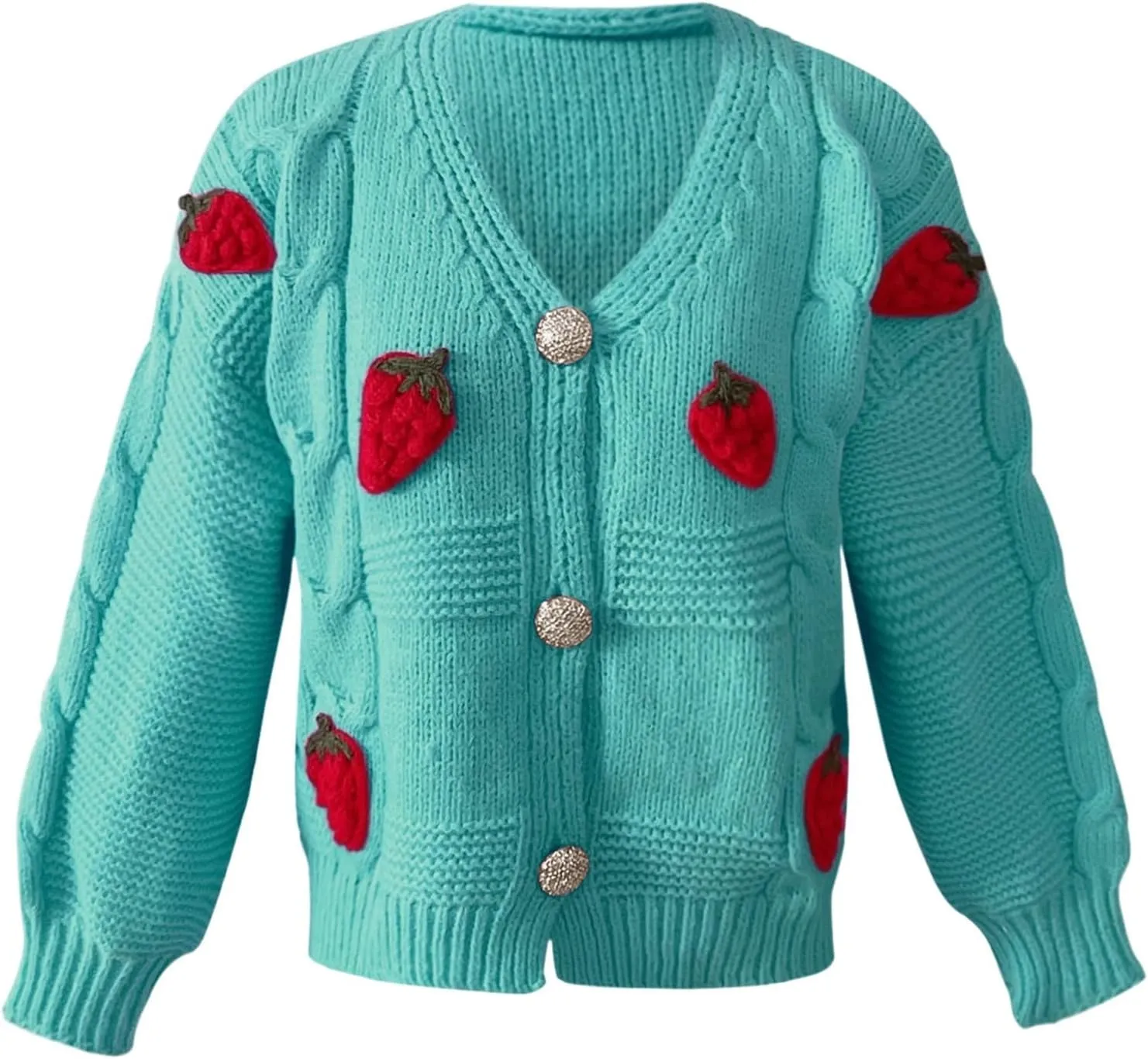 Women's Casual Strawberry Embroidery Knitting Sweater Coat Trendy Soft Comfortable Thick Long Sleeve V Neck Button Cardigans