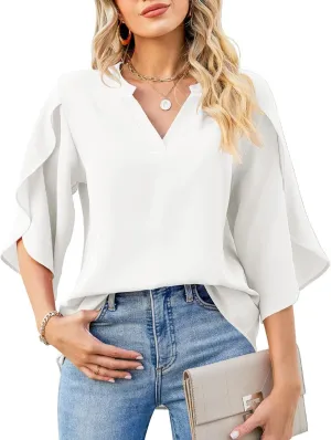 Women's Chiffon Blouse Tops Casual V Neck Ruffle Half Sleeve Shirt Tunic Top Business Casual Party Flattering Blouses