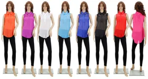 women's chiffon collared button down sleeveless Case of 72