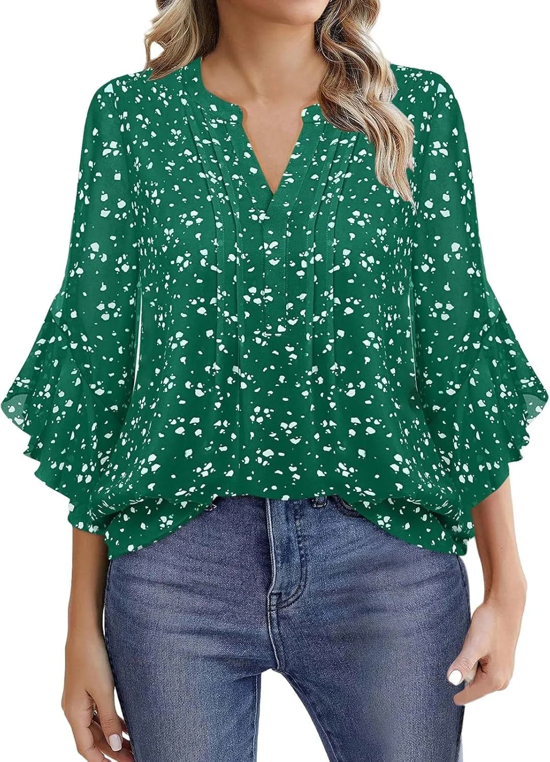 Womens Chiffon Tops 3/4 Ruffle Sleeve Work Blouses V Neck Double Layers Dressy Casual Shirts Business Office Tunics