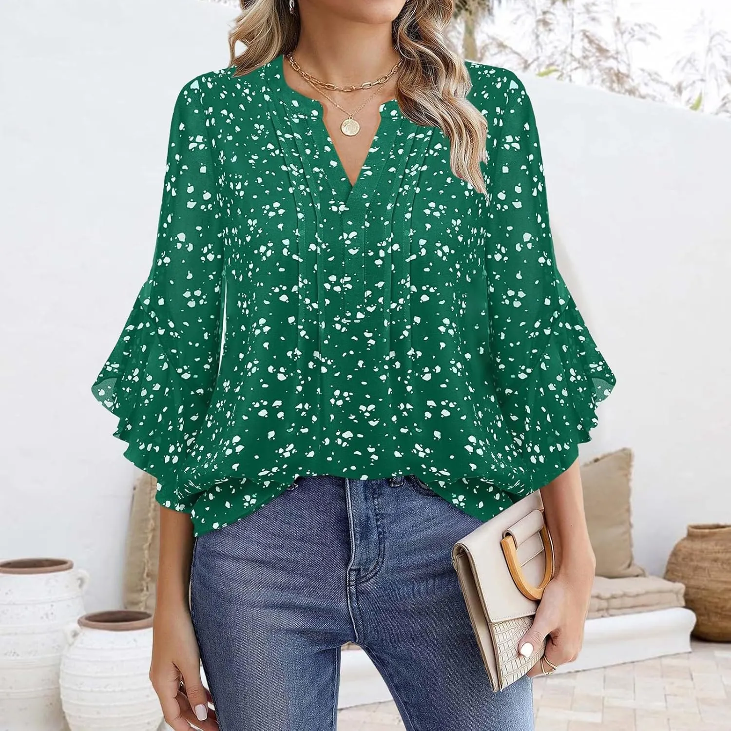 Womens Chiffon Tops 3/4 Ruffle Sleeve Work Blouses V Neck Double Layers Dressy Casual Shirts Business Office Tunics