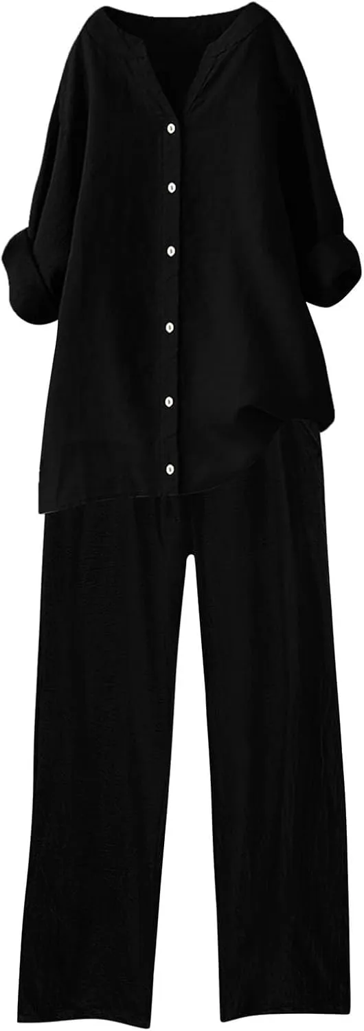 Womens Cotton Linen 2 Piece Outfit Roll Up Long Sleeve Crewneck Button Tops Wide Leg Pants Summer Casual Set Plus Size